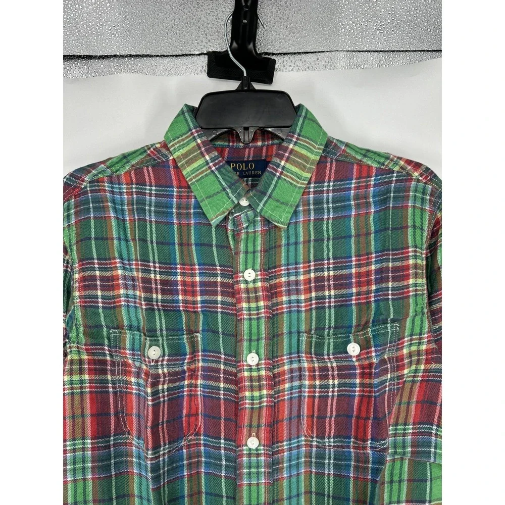 Polo Ralph Lauren Shirt Red‎ Green Tartan Plaid Button Up 100% Linen Two Pockets